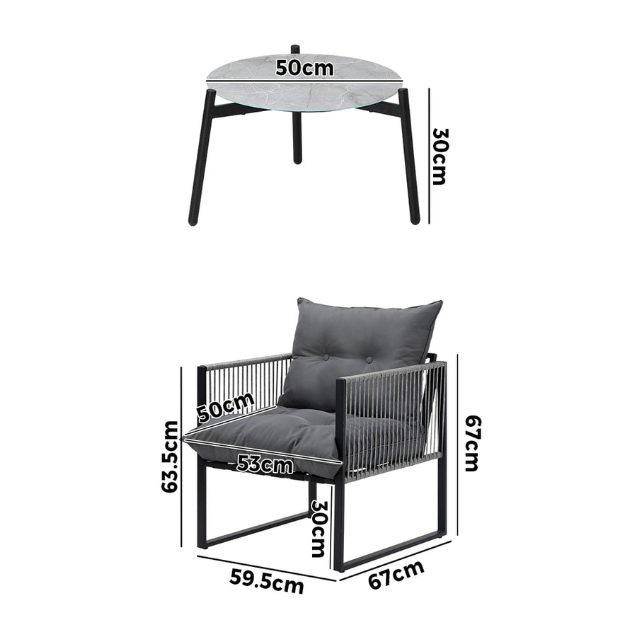 Livsip 3PCS Outdoor Patio Set 50cm Grey Table Cushioned Armchairs