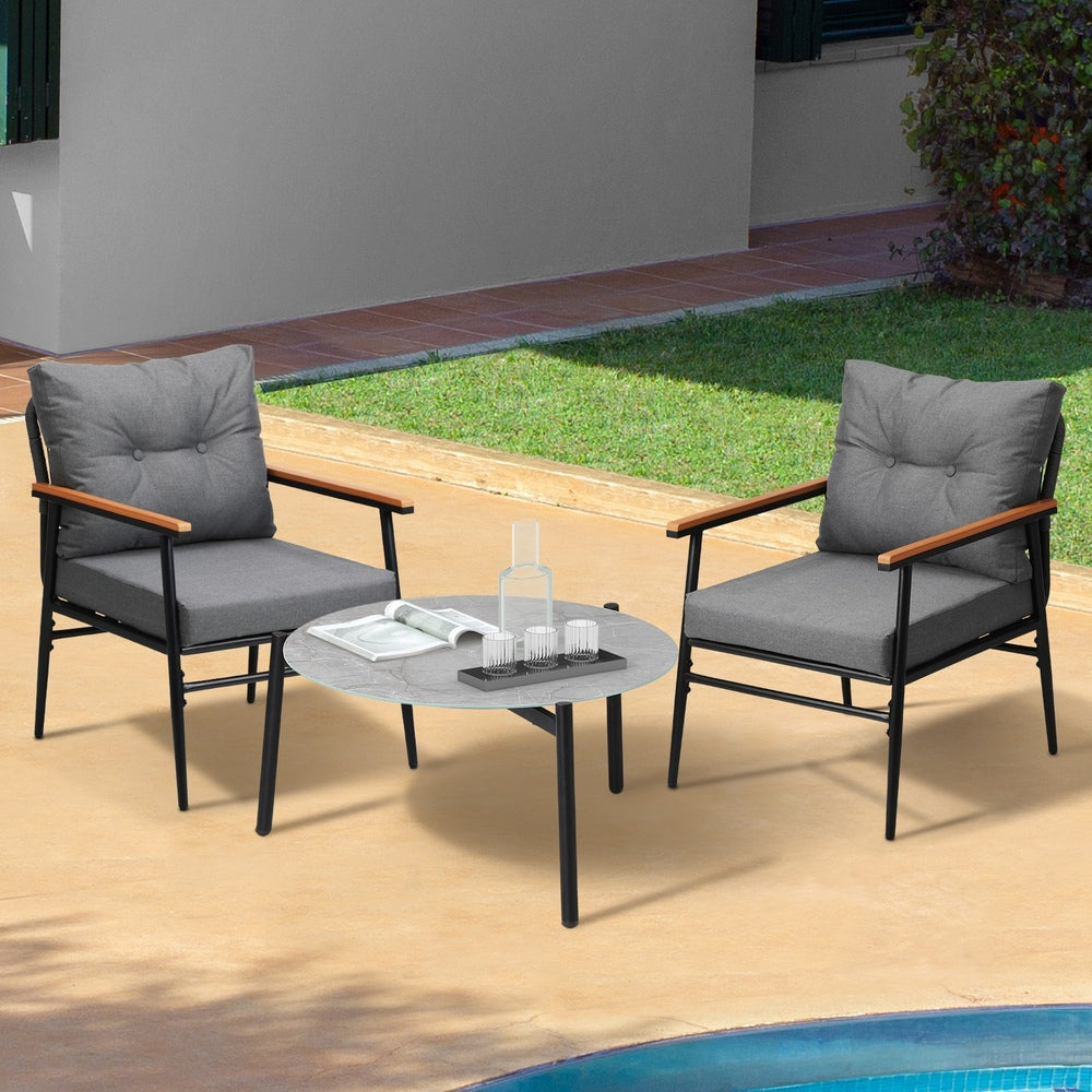 Livsip 3PC Outdoor Patio Set 70cm Table Grey and Black Armchairs