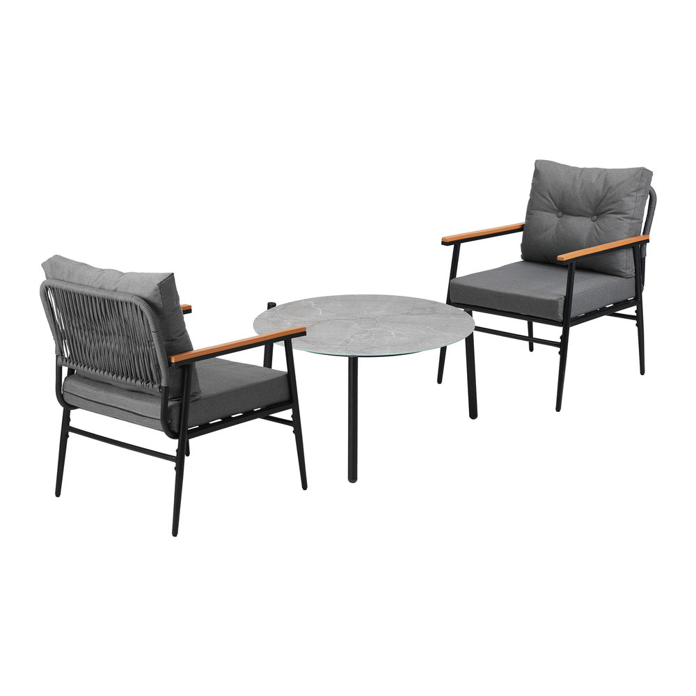 Livsip 3PC Outdoor Patio Set 70cm Table Grey and Black Armchairs