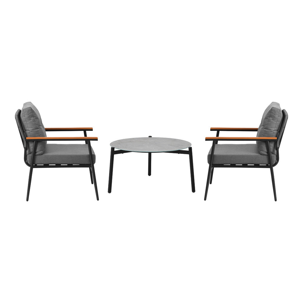 Livsip 3PC Outdoor Patio Set 70cm Table Grey and Black Armchairs