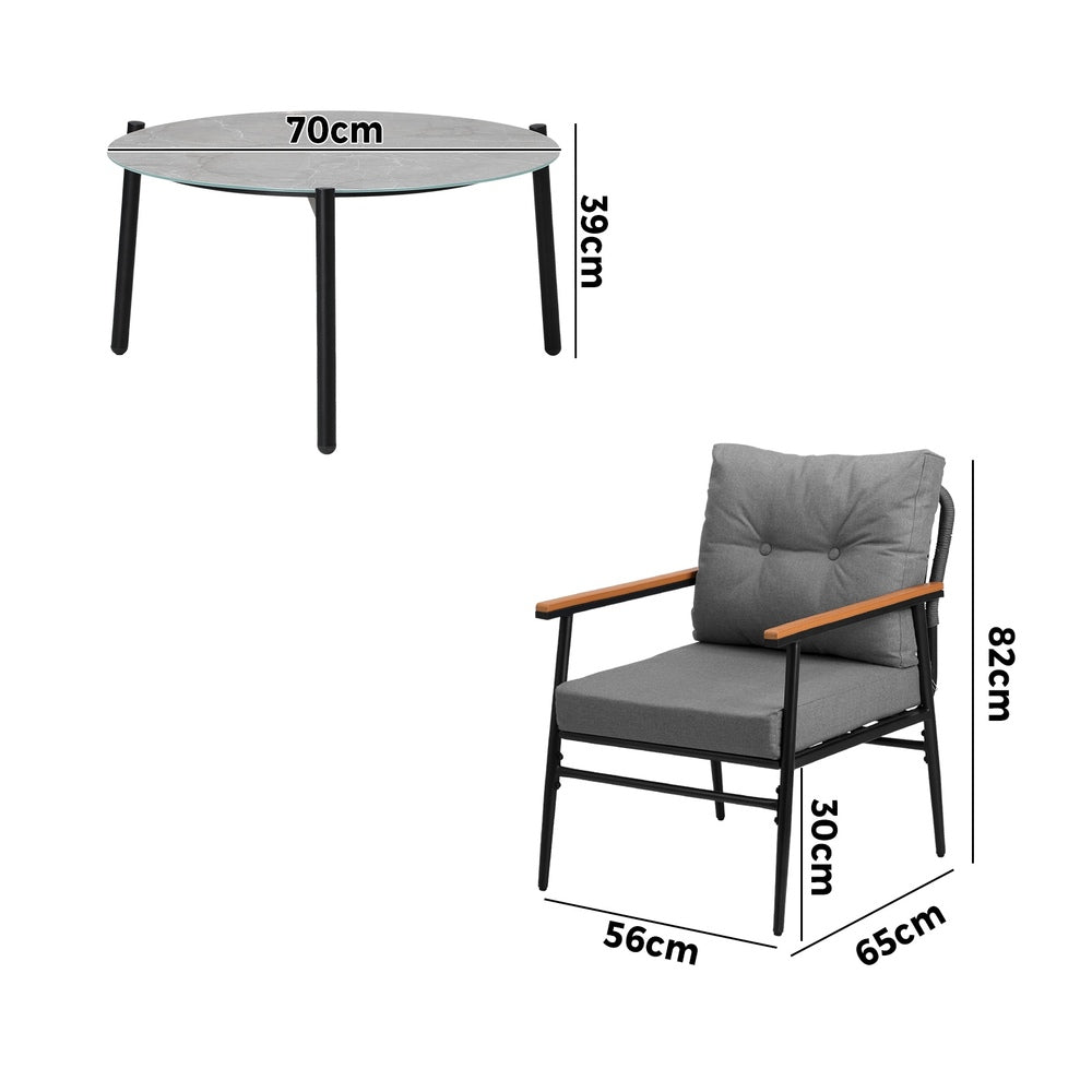 Livsip 3PC Outdoor Patio Set 70cm Table Grey and Black Armchairs