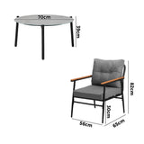 Livsip 3PC Outdoor Patio Set 70cm Table Grey and Black Armchairs - Side View