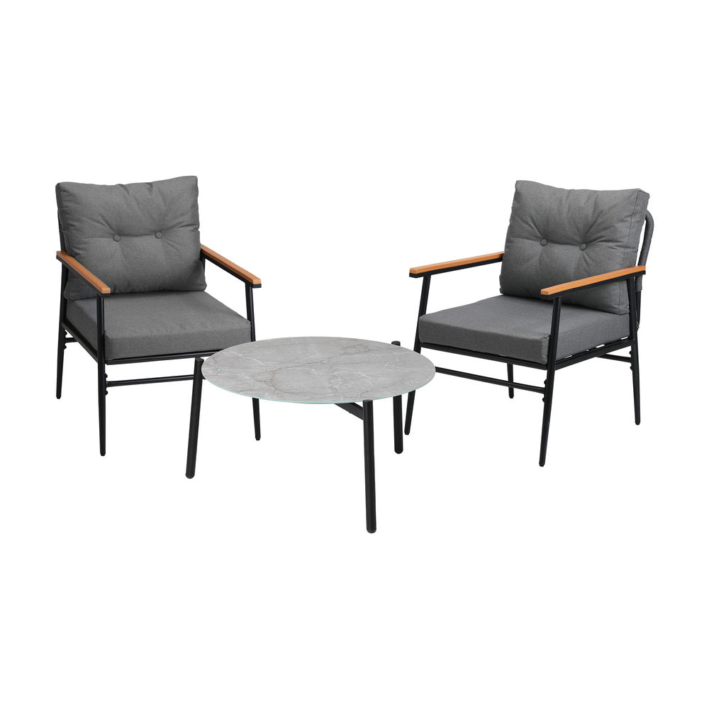 Livsip 3PC Outdoor Patio Set 70cm Table Grey and Black Armchairs