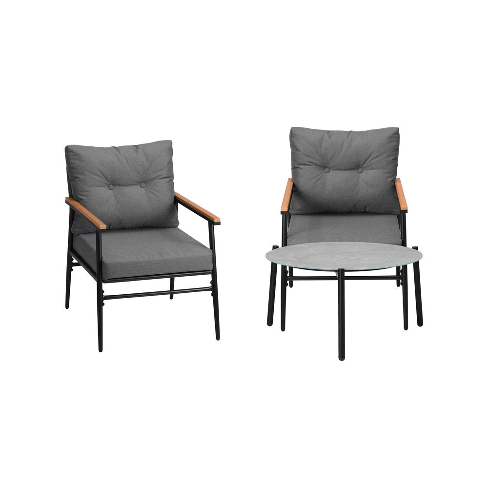 Livsip 3PC Outdoor Patio Set 70cm Table Grey and Black Armchairs