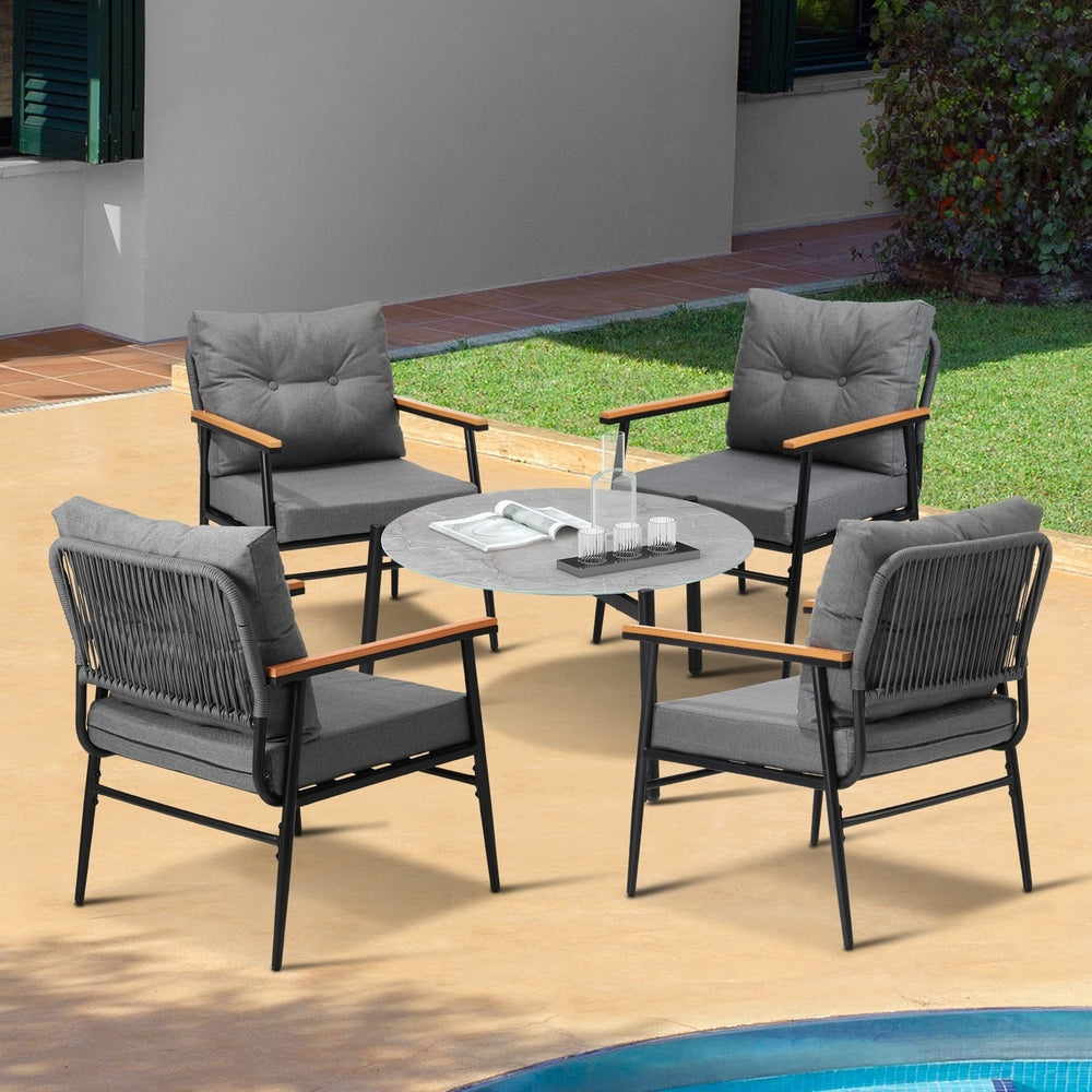 Livsip 5pc Outdoor Patio Setting 70cm Table Grey and Black Armchairs