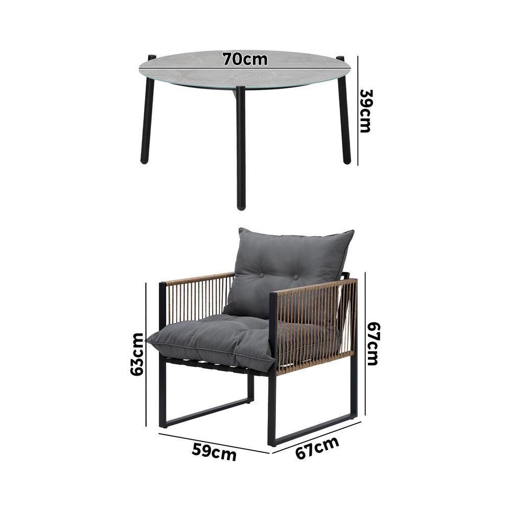Livsip 3PCS Outdoor Patio Set Grey 70cm Coffee Table Rattan Chairs