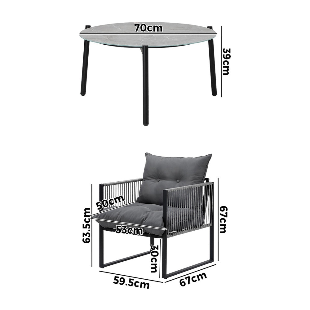 Livsip 3PCS Outdoor Patio Set Grey 70cm Table Cushioned Armchairs