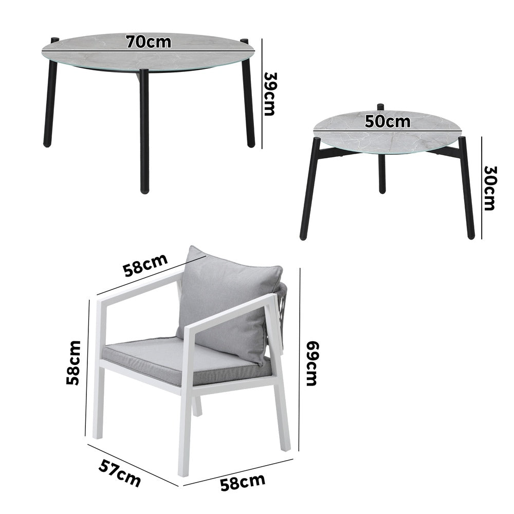 Livsip 6PCS Outdoor Patio Set Grey 70cm Coffee Table Set White Chairs