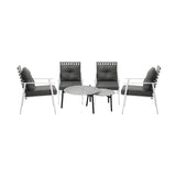 Livsip 6pc Outdoor Patio Set Grey Round Table 4pc Rattan White Chairs - Low Angle