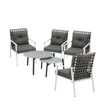 Livsip 6pc Outdoor Patio Set Grey Round Table 4pc Rattan White Chairs - Close-Up Angle