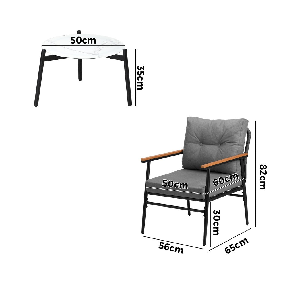 Livsip 3pcs Outdoor Patio Set 50cm Table Grey and Black Armchairs