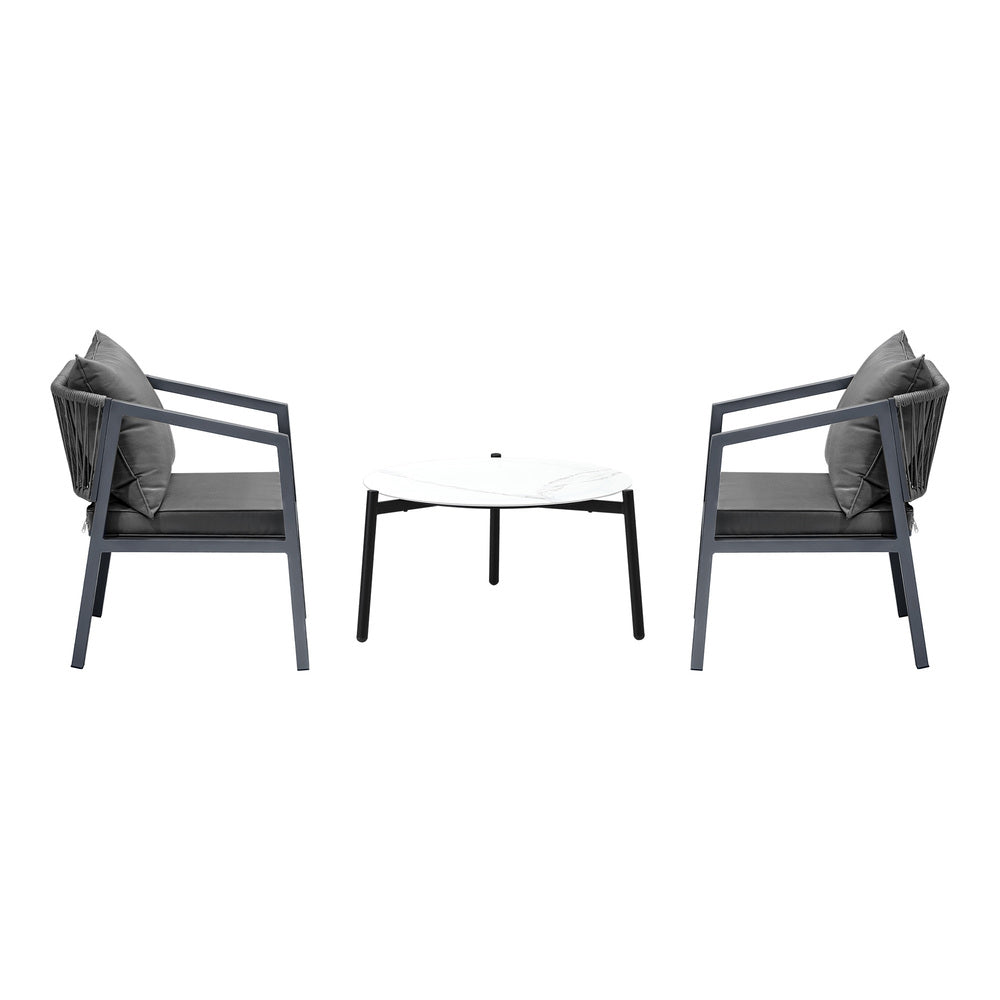 Livsip 3PCS Outdoor Patio Set White 70cm Coffee Table Grey Chairs