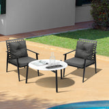 Livsip 3pc Outdoor Patio Set 70CM White Marble Table Rattan Chairs - Rear View