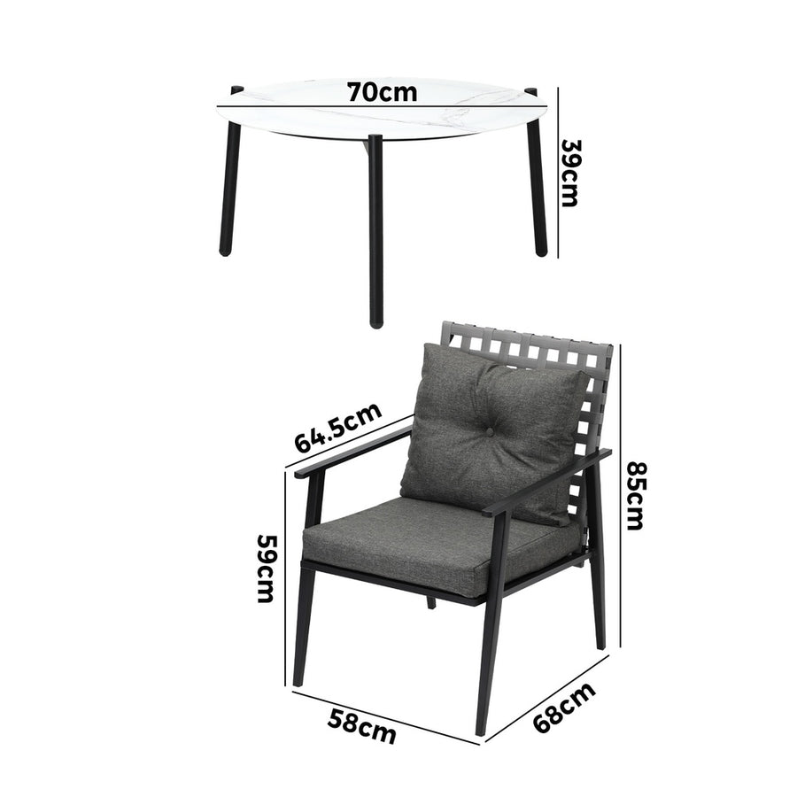 Livsip 3pc Outdoor Patio Set 70CM White Marble Table Rattan Chairs