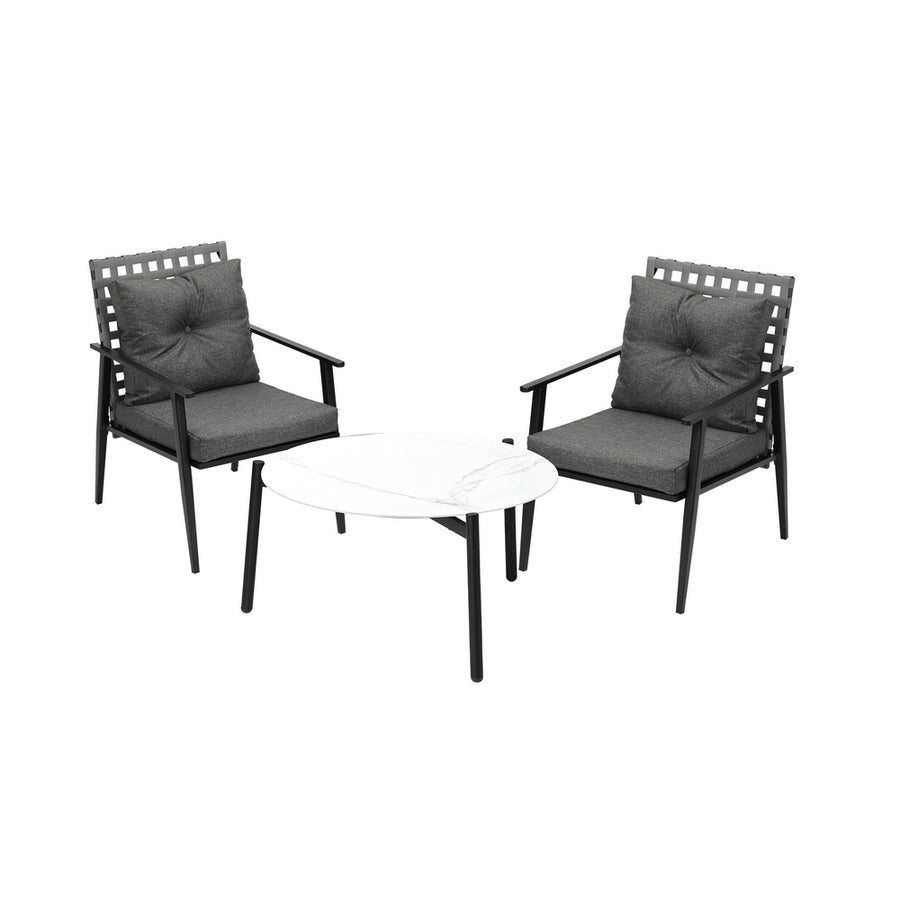 Livsip 3pc Outdoor Patio Set 70CM White Marble Table Rattan Chairs