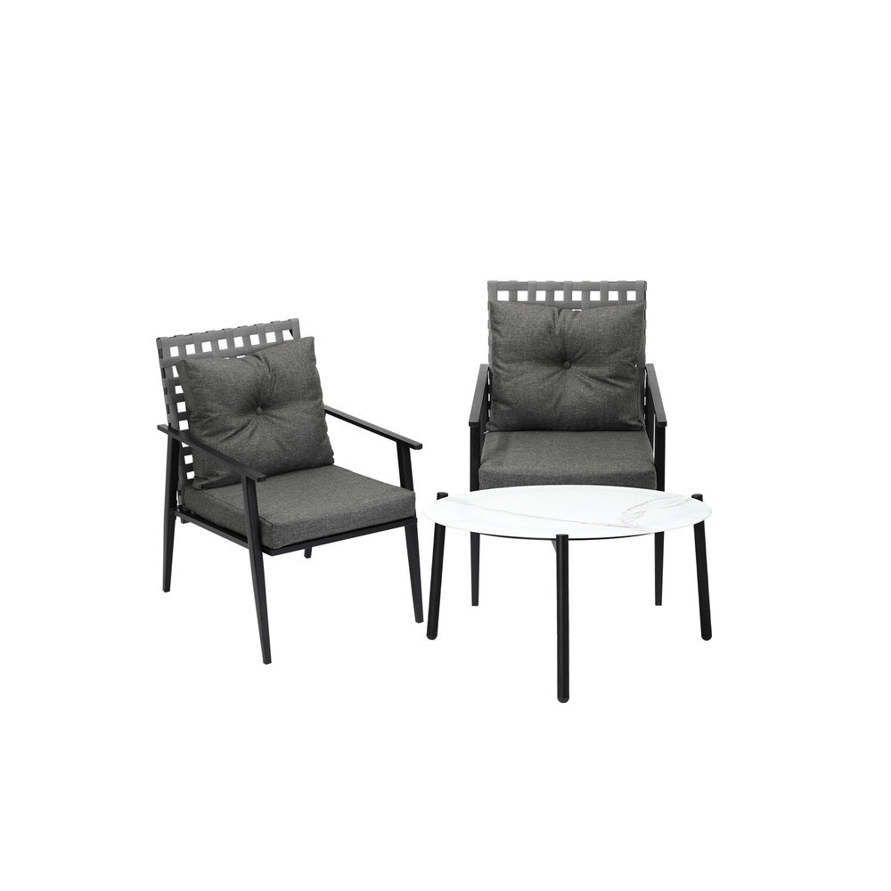 Livsip 3pc Outdoor Patio Set 70CM White Marble Table Rattan Chairs