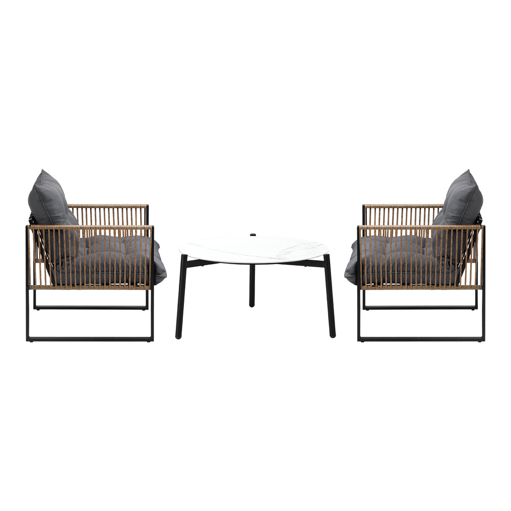 Livsip 3PCS Outdoor Patio Set White 70cm Coffee Table Rattan Chairs