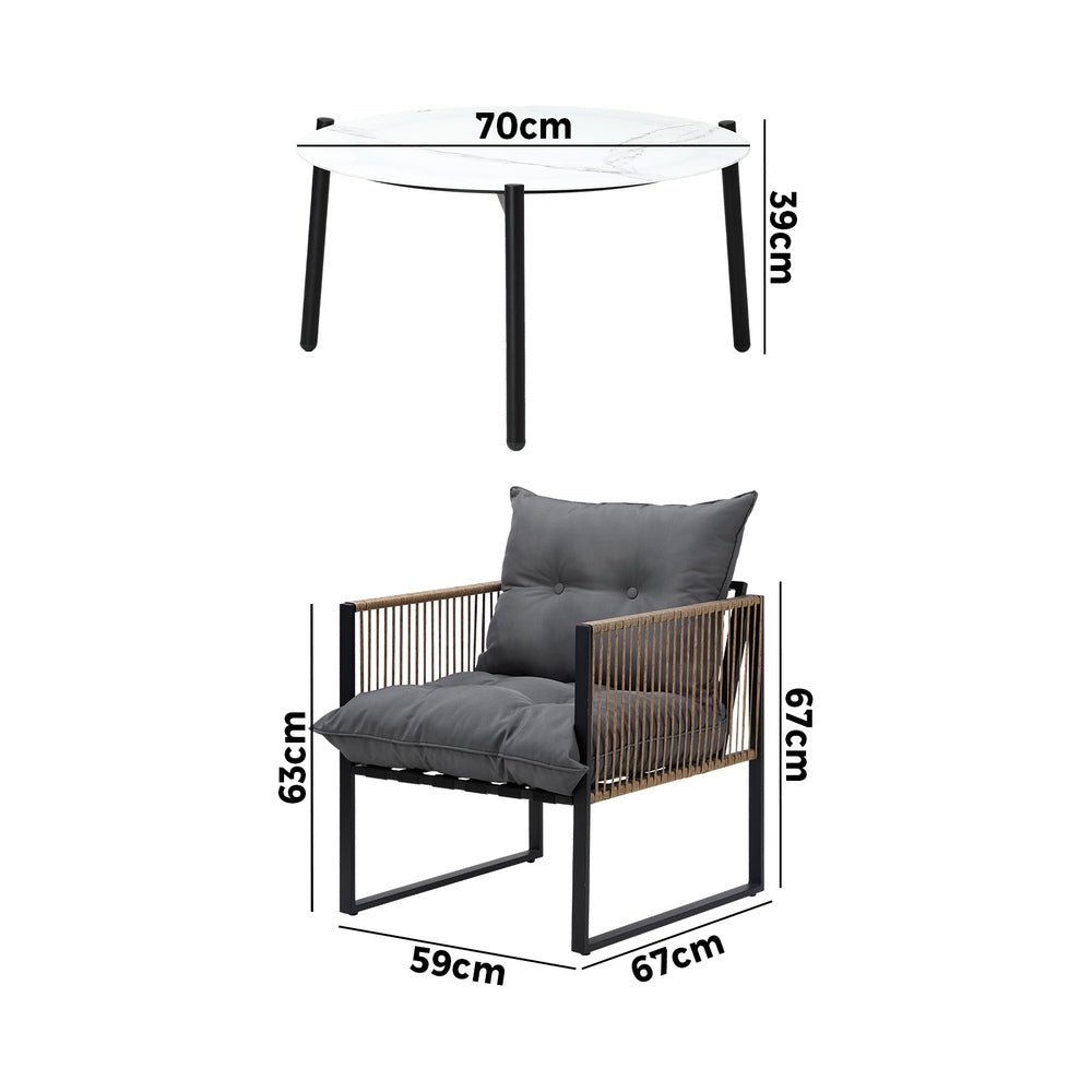 Livsip 3PCS Outdoor Patio Set White 70cm Coffee Table Rattan Chairs