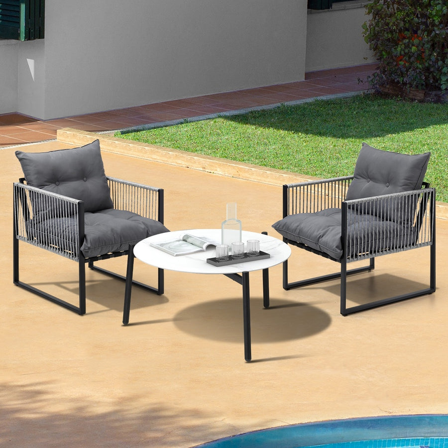 Livsip 3PCS Outdoor Patio Set White 70cm Table Cushioned Armchairs, image 8