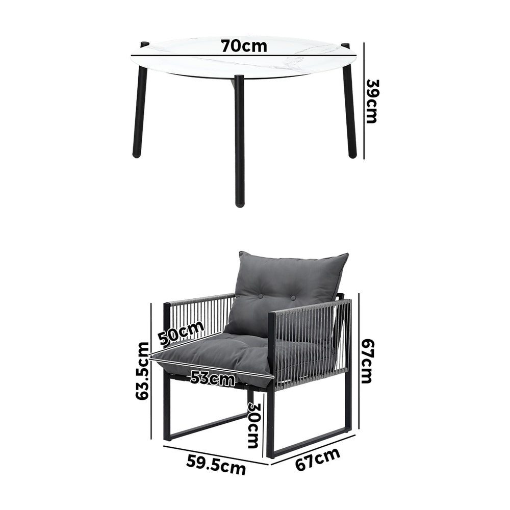 Livsip 3PCS Outdoor Patio Set White 70cm Table Cushioned Armchairs