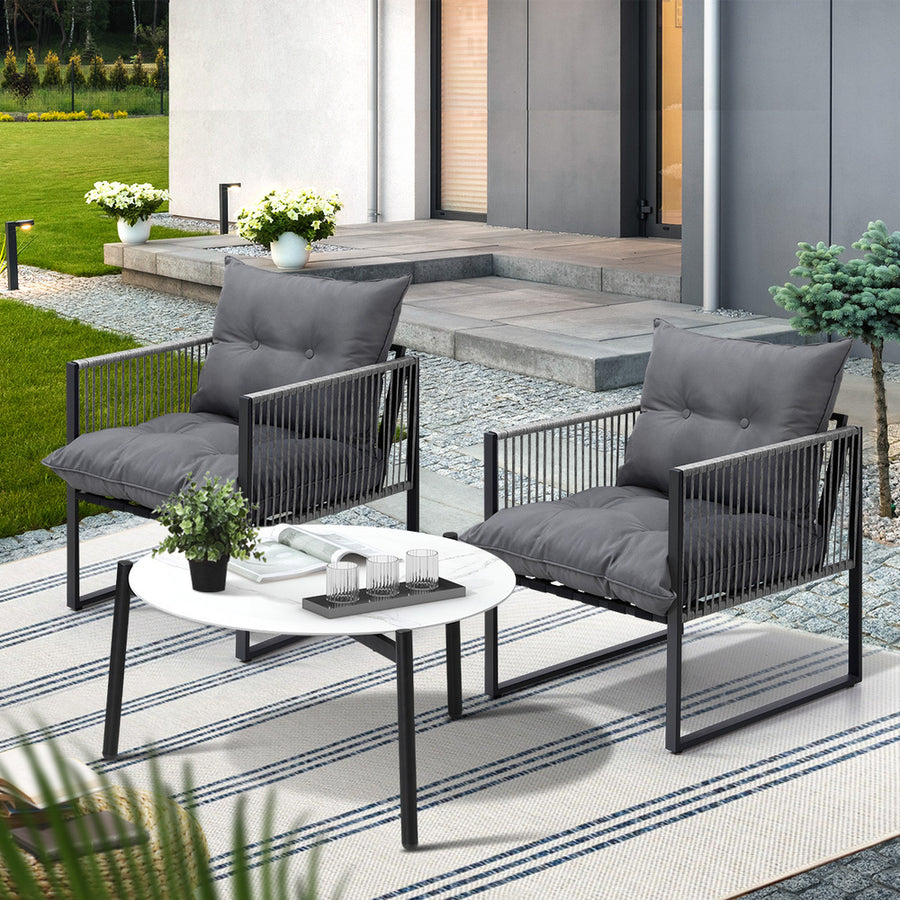 Livsip 3PCS Outdoor Patio Set White 70cm Table Cushioned Armchairs, image 7