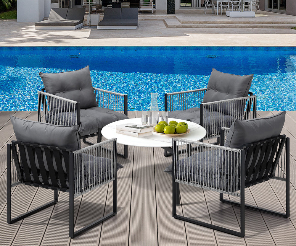Livsip 5PCS Outdoor Patio Set White 70cm Table Cushioned Armchairs