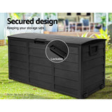 Gardeon Outdoor Storage Box 290L Lockable Organiser Garden Deck Shed All Black - Close-Up Angle
