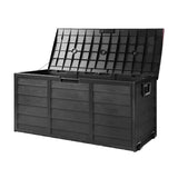 Gardeon Outdoor Storage Box 290L Lockable Organiser Garden Deck Shed All Black - Low Angle