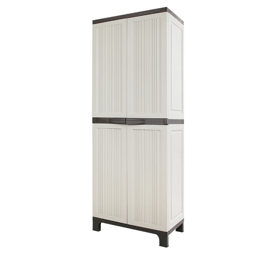 Gardeon tall lockable outdoor storage cabinet, 173cm, beige plastic, pegboard divider with hangers
