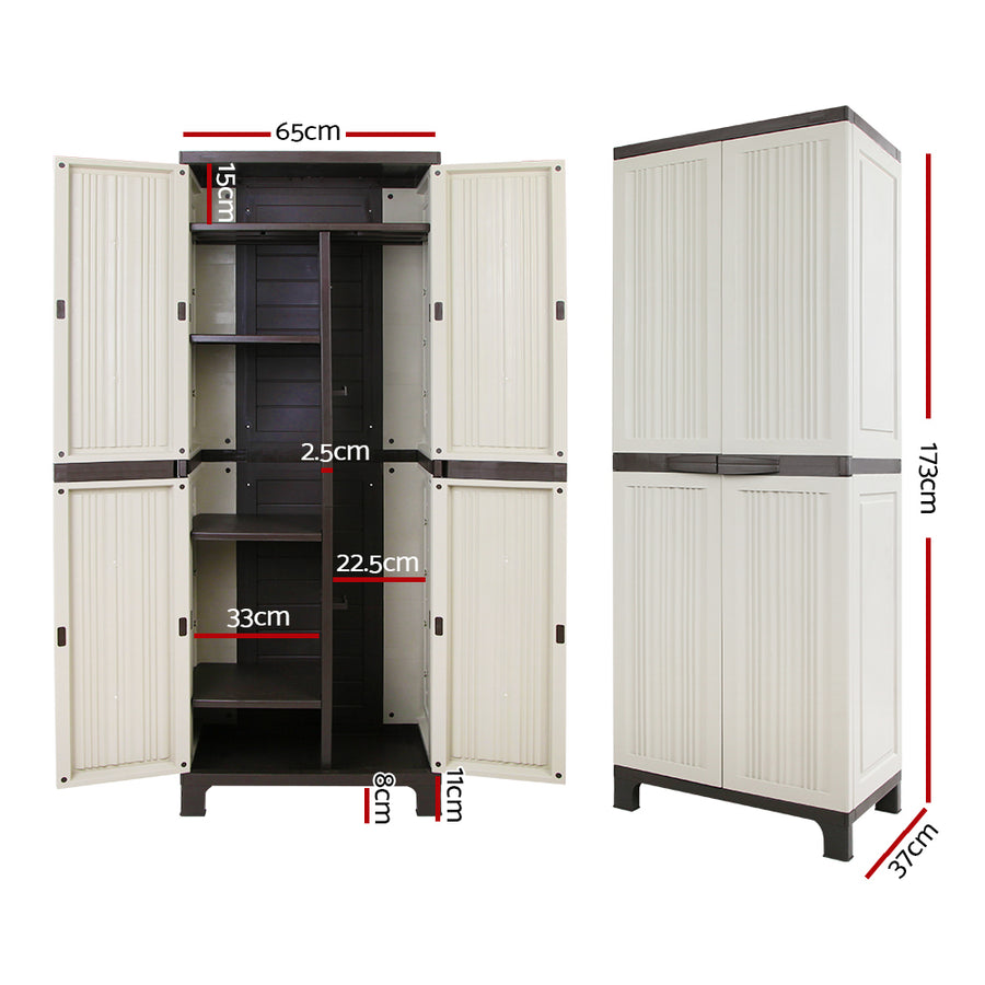 Gardeon tall lockable outdoor storage cabinet, 173cm, beige plastic, lockable double doors