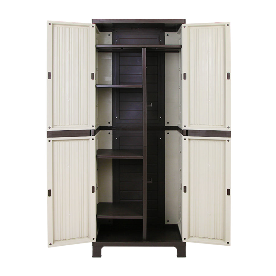 Gardeon tall lockable outdoor storage cabinet, 173cm, beige plastic, raised stilted feet