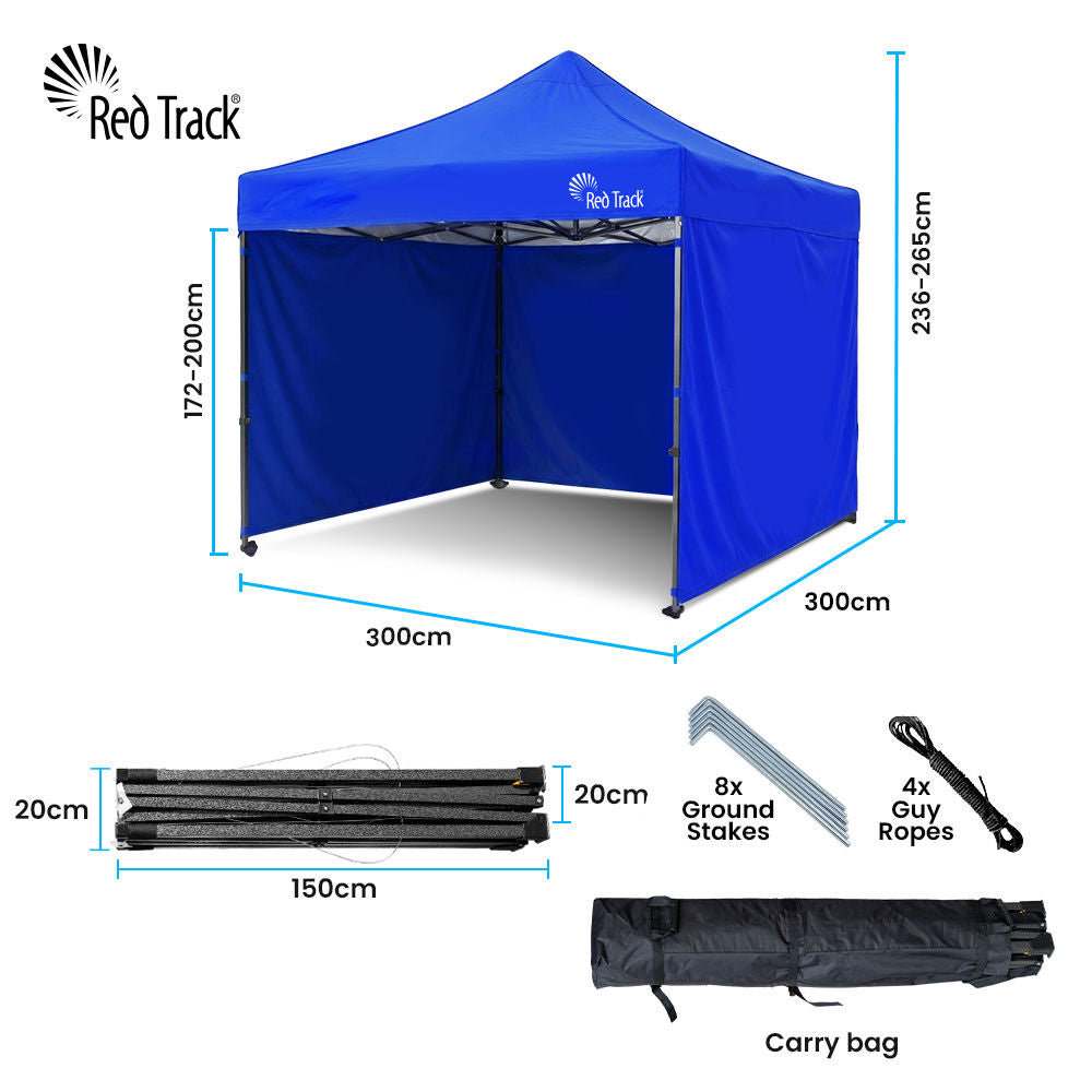 RED TRACK 3x3m Premium Pop Up Gazebo Marquee, Patented Steel Cable Canopy Support System, Wheeled Carry Bag, Side Walls, UV Block, Reinforced Frame, Blue