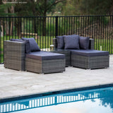 LONDON RATTAN 4 Seater Modular Outdoor Lounge Setting with Coffee Table, Ottomans, Grey - Close-Up Angle