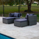 LONDON RATTAN 4 Seater Modular Outdoor Lounge Setting with Coffee Table, Ottomans, Grey - Low Angle