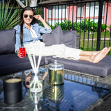 LONDON RATTAN 5 Seater Modular Outdoor Lounge Setting with Coffee Table, Ottoman, Grey - Low Angle