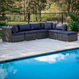 LONDON RATTAN 6 Seater Modular Outdoor Lounge Setting with Ottoman, Grey - Extra Image