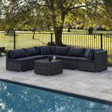 LONDON RATTAN 7 Piece 6 Seater Modular Outdoor Lounge Setting with Coffee Table, Grey - Low Angle