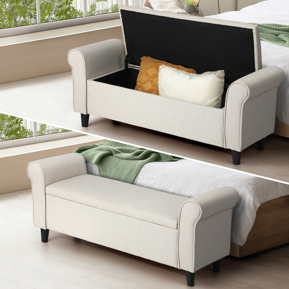 Oikiture Storage Ottoman Linen Fabric Large Beige