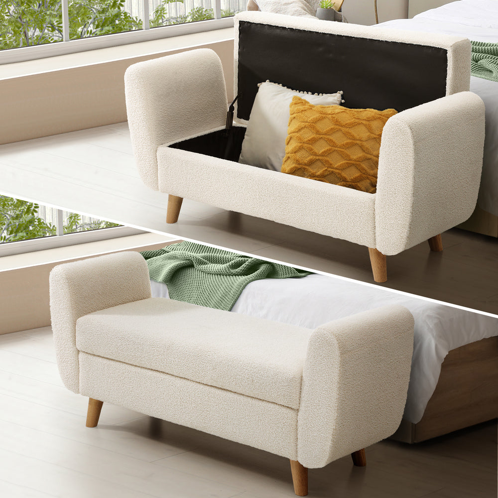 Oikiture Storage Ottoman Sherpa Fabric White with Armrests