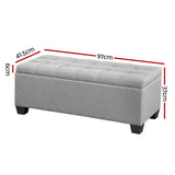 Artiss Storage Ottoman Blanket Box 97cm Button Linen Grey - Front View