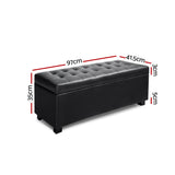 Artiss Storage Ottoman Blanket Box 97cm Leather Black - Front View