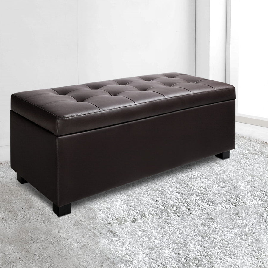 Artiss 97cm storage ottoman blanket box, brown PU leather, image 7