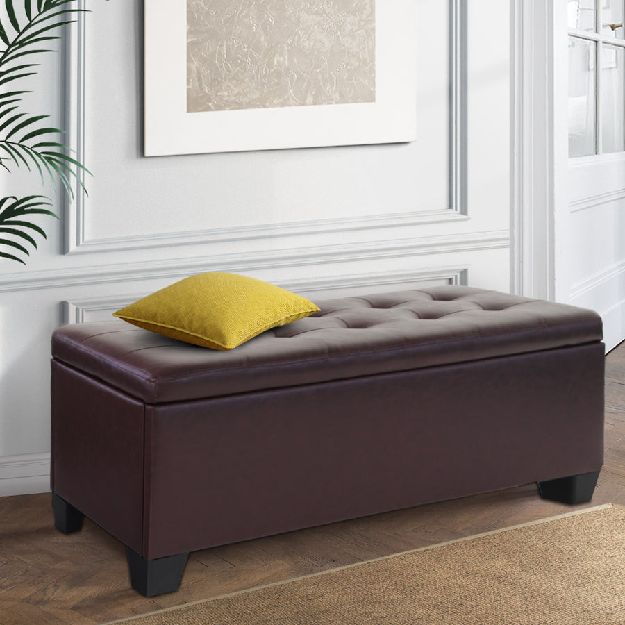 Artiss 97cm storage ottoman blanket box, brown PU leather