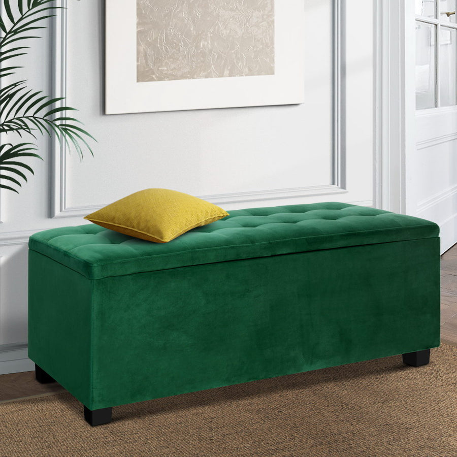 Artiss green velvet storage ottoman blanket box with tufted seat, 97cm, image 7