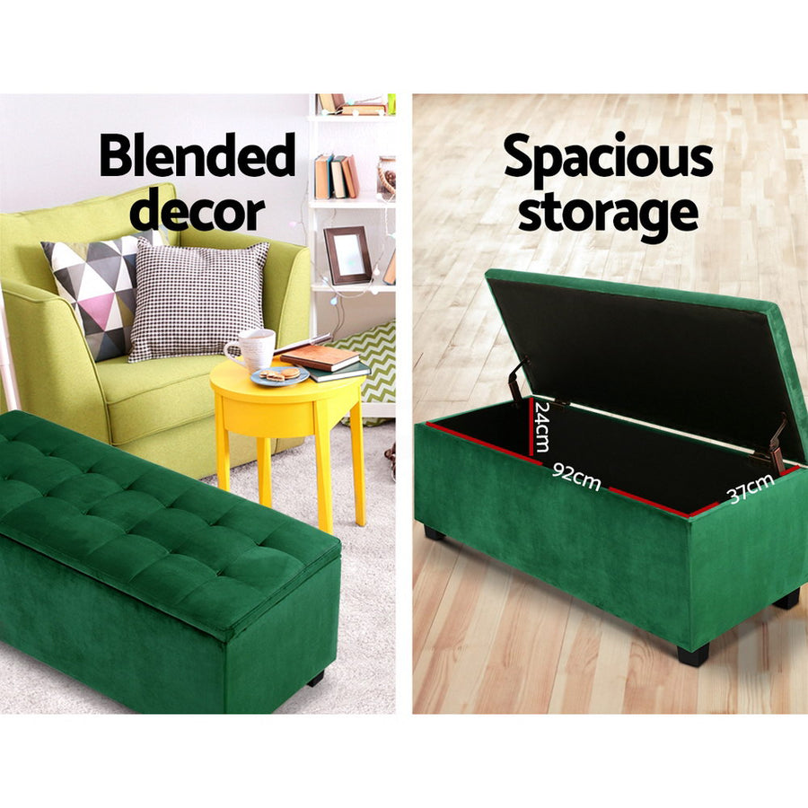 Artiss green velvet storage ottoman blanket box with tufted seat, 97cm, storage space inside