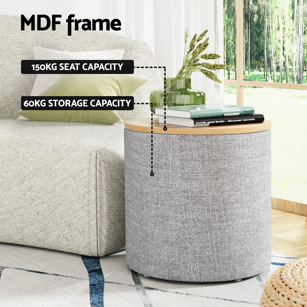 Round Grey Linen Storage Ottoman with Removable Lid by Artiss - 40cm