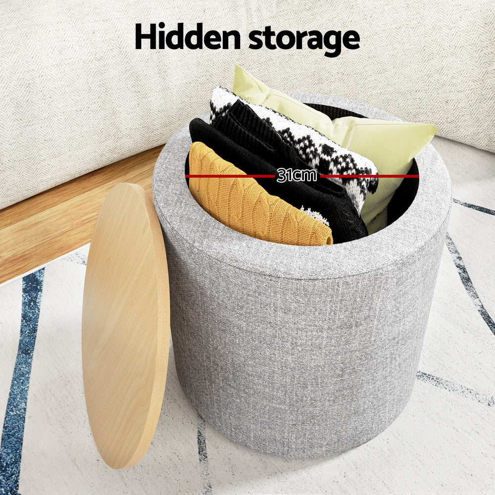 Round Grey Linen Storage Ottoman with Removable Lid by Artiss - 40cm