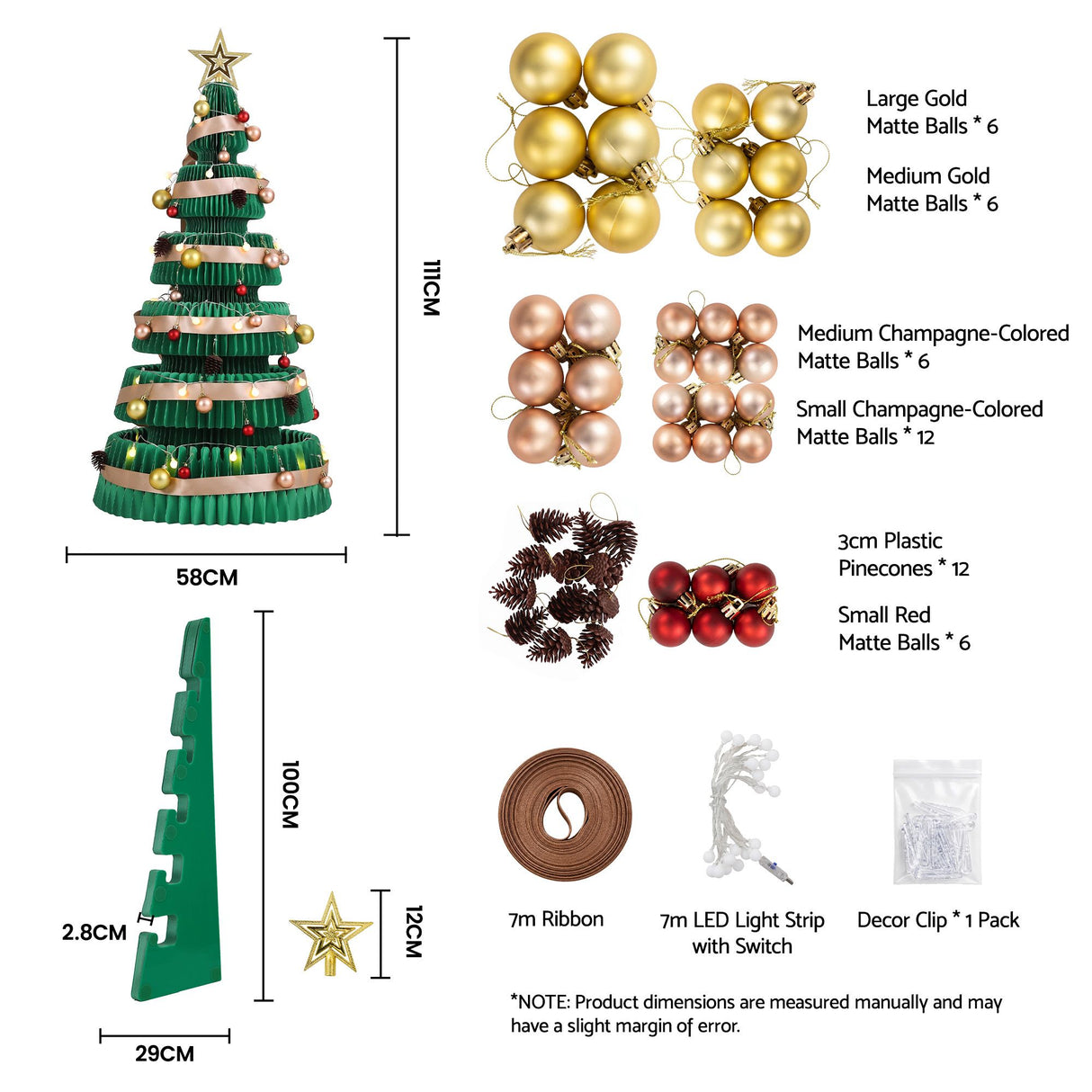 Jingle Jollys Paper Christmas Tree 111CM w/ Star Topper LEDs Xmas Decorations Kit Home Office Green