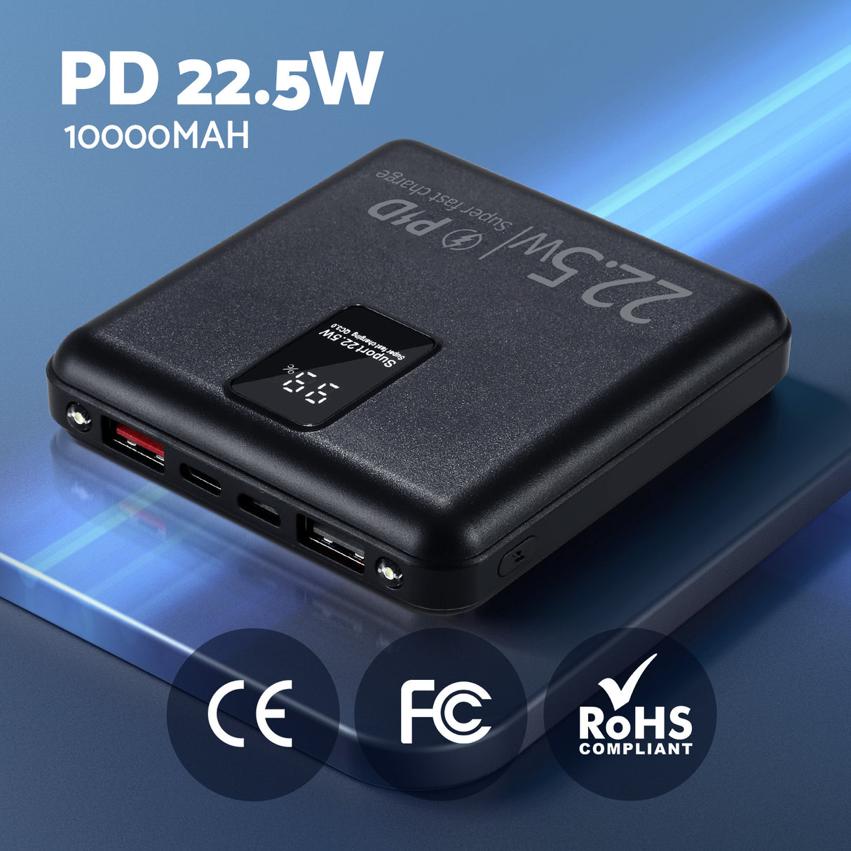 10000mAh Fast Charge Portable Power Bank with PD22.5W Quick Charging for Phones - Black