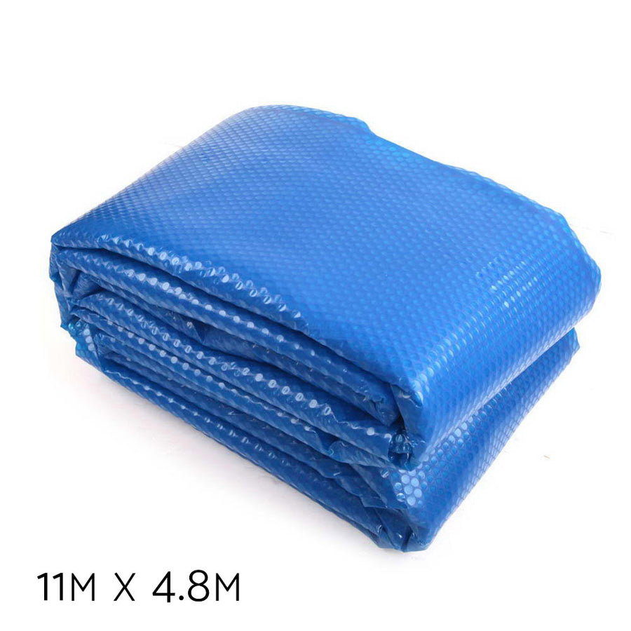 Aquabuddy 500 micron solar pool cover 11x4.8m with blue top and silver underside, blue bubble surface